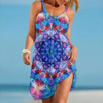 Жен. Пляжное платье Одежда для пляжа Мини-платья Синий Кристалл Цветок лотоса С принтом На каждый день Современный Платье Без рукавов Свободный крой На открытом воздухе Повседневные Розовый Синий Лето XS оранжевый