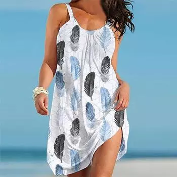 Жен. Пляжное платье Одежда для пляжа Мини-платье Голубой Перья С принтом На каждый день Современный Платье Без рукавов Свободный крой На открытом воздухе Повседневные Розовый Синий Лето XS жёлтый