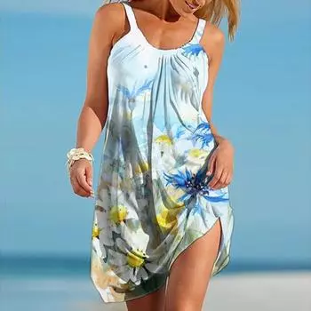 Жен. Пляжное платье Одежда для пляжа Мини-платья Красивый Синий Цветы С принтом На каждый день Современный Платье Без рукавов Свободный крой На открытом воздухе Повседневные Розовый Синий Лето XS жёлтый