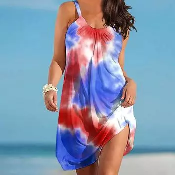 Жен. Пляжное платье Одежда для пляжа Мини-платье Синий Розовые облака С принтом На каждый день Современный Платье Без рукавов Свободный крой На открытом воздухе Повседневные Розовый Синий Лето XS оранжевый