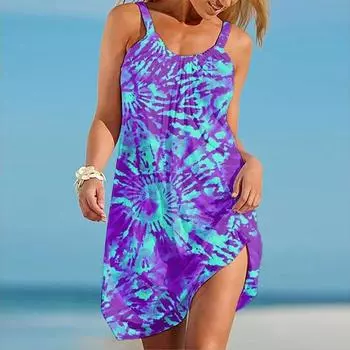 Жен. Пляжное платье Одежда для пляжа Мини-платье Желтый С принтом «Мельница» На каждый день Современный Платье Без рукавов Свободный крой На открытом воздухе Повседневные Розовый Синий Лето XS жёлтый