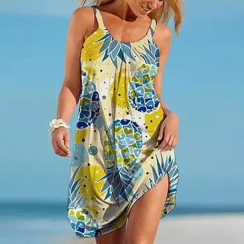 Жен. Пляжное платье Одежда для пляжа Мини-платье Синий Ананас с принтом На каждый день Современный Платье Без рукавов Свободный крой На открытом воздухе Повседневные Розовый Синий Лето XS оранжевый