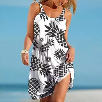 Жен. Пляжное платье Одежда для пляжа Мини-платье Черный С принтом ананаса На каждый день Современный Платье Без рукавов Свободный крой На открытом воздухе Повседневные Розовый Синий Лето XS чёрный
