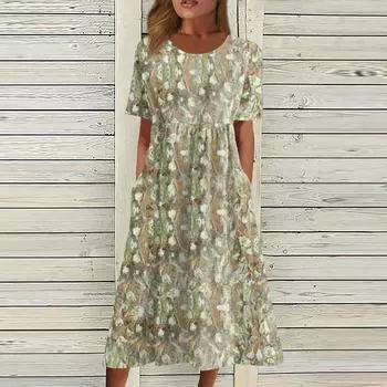 Жен. Повседневные платья Платья с принтами Летние платья С принтами Плиссированные платья-миди с круглым вырезом Классический Классический На открытом воздухе Повседневные С короткими рукавами Свободные платья L хаки