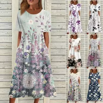 Жен. Повседневные платья Платья с принтами Летние платья С принтами Плиссированные платья-миди с круглым вырезом Классический Классический На открытом воздухе Повседневные С короткими рукавами Свободные платья L чёрный