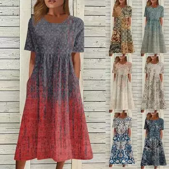 Жен. Повседневные платья Платья с принтами Летние платья С принтами Плиссированные платья-миди с круглым вырезом Классический Классический На открытом воздухе Повседневные С короткими рукавами Свободные платья L бежевый