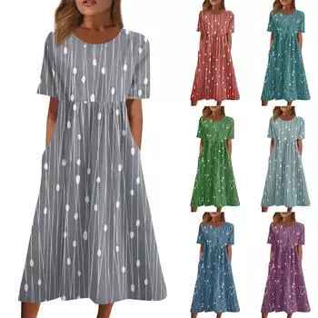 Жен. Повседневные платья Платья с принтами Летние платья С принтами Плиссированные платья-миди с круглым вырезом Классический Классический На открытом воздухе Повседневные С короткими рукавами Свободные платья L синий