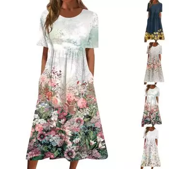 Жен. Повседневные платья Платья с принтами Летние платья С принтами Плиссированные платья-миди с круглым вырезом Классический Классический На открытом воздухе Повседневные С короткими рукавами Свободные платья L