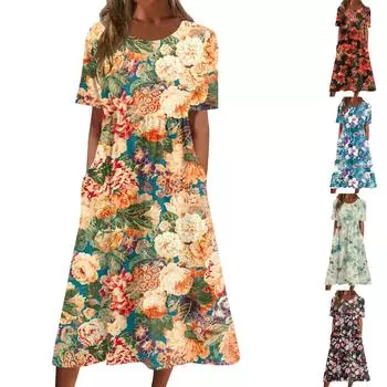 Жен. Повседневные платья Платья с принтами Летние платья С принтами Плиссированные платья-миди с круглым вырезом Классический Классический На открытом воздухе Повседневные С короткими рукавами Свободные платья L чёрный