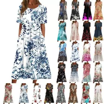 Жен. Повседневные платья Платья с принтами Летние платья С принтами Плиссированные платья-миди с круглым вырезом Классический Классический На открытом воздухе Повседневные С короткими рукавами Свободные платья L чёрный