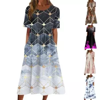 Жен. Повседневные платья Платья с принтами Летние платья С принтами Плиссированные платья-миди с круглым вырезом Классический Классический На открытом воздухе Повседневные С короткими рукавами Свободные платья M розовый