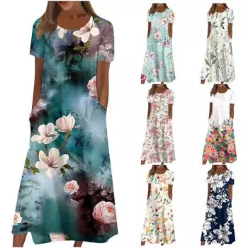 Жен. Повседневные платья Платья с принтами Летние платья С принтами Плиссированные платья-миди с круглым вырезом Классический Классический На открытом воздухе Повседневные С короткими рукавами Свободные платья L бежевый