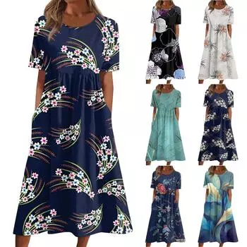 Жен. Повседневные платья Платья с принтами Летние платья С принтами Плиссированные платья-миди с круглым вырезом Классический Классический На открытом воздухе Повседневные С короткими рукавами Свободные платья L чёрный