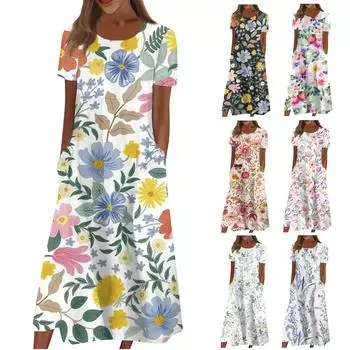 Жен. Повседневные платья Платья с принтами Летние платья С принтами Плиссированные платья-миди с круглым вырезом Классический Классический На открытом воздухе Повседневные С короткими рукавами Свободные платья L чёрный