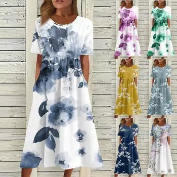 Жен. Повседневные платья Платья с принтами Летние платья С принтами Плиссированные платья-миди с круглым вырезом Классический Классический На открытом воздухе Повседневные С короткими рукавами Свободные платья L синий
