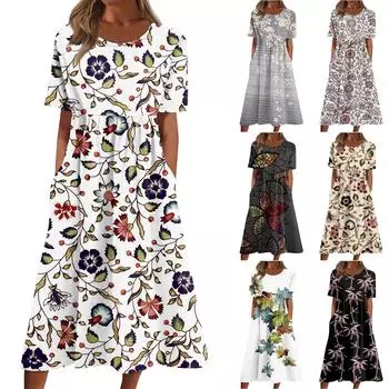 Жен. Повседневные платья Платья с принтами Летние платья С принтами Плиссированные платья-миди с круглым вырезом Классический Классический На открытом воздухе Повседневные С короткими рукавами Свободные платья L хаки