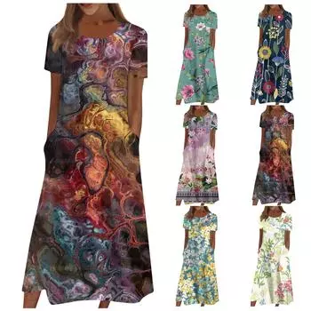 Жен. Повседневные платья Платья с принтами Летние платья С принтами Плиссированные платья-миди с круглым вырезом Классический Классический На открытом воздухе Повседневные С короткими рукавами Свободные платья L темно-синий