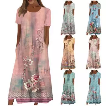 Жен. Повседневные платья Платья с принтами Летние платья С принтами Плиссированные платья-миди с круглым вырезом Классический Классический На открытом воздухе Повседневные С короткими рукавами Свободные платья XXXL розовый