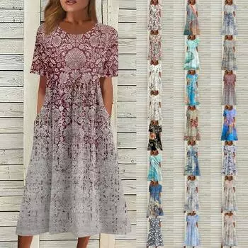 Жен. Повседневные платья Платья с принтами Летние платья С принтами Плиссированные платья-миди с круглым вырезом Классический Классический На открытом воздухе Повседневные С короткими рукавами Свободные платья XXXL