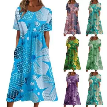 Жен. Повседневные платья Платья с принтами Летние платья С принтами Плиссированные платья-миди с круглым вырезом Классический Классический На открытом воздухе Повседневные С короткими рукавами Свободные платья M синий