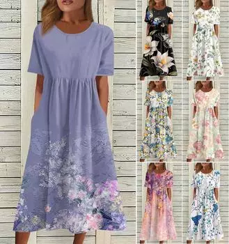 Жен. Повседневные платья Платья с принтами Летние платья С принтами Плиссированные платья-миди с круглым вырезом Классический Классический На открытом воздухе Повседневные С короткими рукавами Свободные платья XL синий