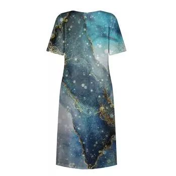 Жен. Повседневные платья Платья с принтами Летние платья С принтами Плиссированные платья-миди с круглым вырезом Классический Классический На открытом воздухе Повседневные С короткими рукавами Свободные платья L темно-синий