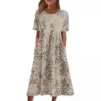 Жен. Повседневные платья Платья с принтами Летние платья С принтами Плиссированные платья-миди с круглым вырезом Классический Классический На открытом воздухе Повседневные С короткими рукавами Свободные платья S красный