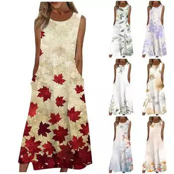 Жен. Повседневные платья с принтом Круглый вырез Классический Классический На открытом воздухе Повседневные Без рукавов Свободные платья L бежевый
