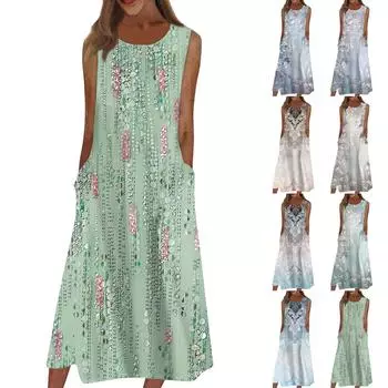 Жен. Повседневные платья с принтом Круглый вырез Классический Классический На открытом воздухе Повседневные Без рукавов Свободные платья L светло-розовый