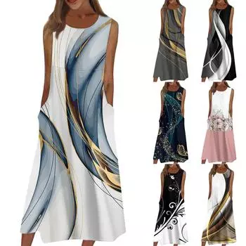 Жен. Повседневные платья с принтом Круглый вырез Классический Классический На открытом воздухе Повседневные Без рукавов Свободные платья XXXL чёрный