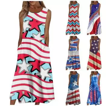 Жен. Повседневные платья с принтом Круглый вырез Классический Классический На открытом воздухе Повседневные Без рукавов Свободные платья L синий