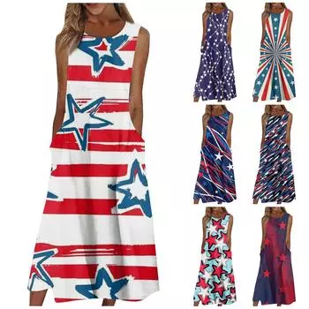 Жен. Повседневные платья с принтом Круглый вырез Классический Классический На открытом воздухе Повседневные Без рукавов Свободные платья L синий