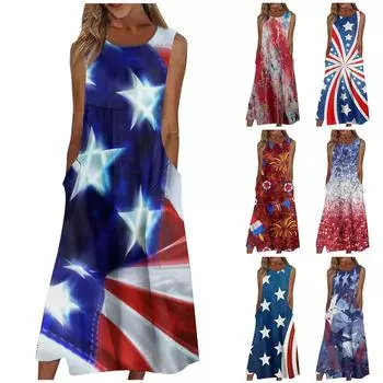 Жен. Повседневные платья с принтом Круглый вырез Классический Классический На открытом воздухе Повседневные Без рукавов Свободные платья L синий