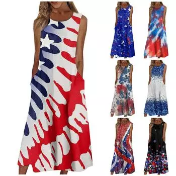 Жен. Повседневные платья с принтом Круглый вырез Классический Классический На открытом воздухе Повседневные Без рукавов Свободные платья L чёрный