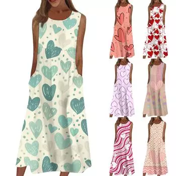 Жен. Повседневные платья с принтом Круглый вырез Классический Классический На открытом воздухе Повседневные Без рукавов Свободные платья L горячий розовый