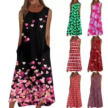 Жен. Повседневные платья с принтом Круглый вырез Классический Классический На открытом воздухе Повседневные Без рукавов Свободные платья L чёрный