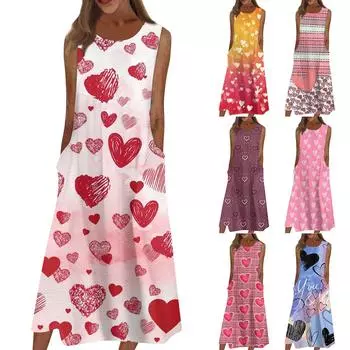 Жен. Повседневные платья с принтом Круглый вырез Классический Классический На открытом воздухе Повседневные Без рукавов Свободные платья L темно-фиолетового