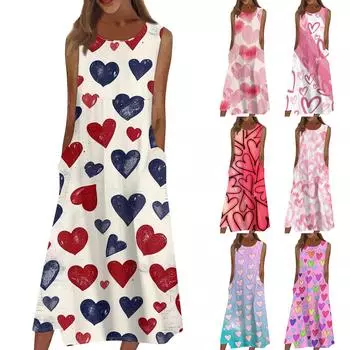 Жен. Повседневные платья с принтом Круглый вырез Классический Классический На открытом воздухе Повседневные Без рукавов Свободные платья L светло-розовый