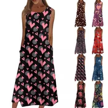 Жен. Повседневные платья с принтом Круглый вырез Классический Классический На открытом воздухе Повседневные Без рукавов Свободные платья M