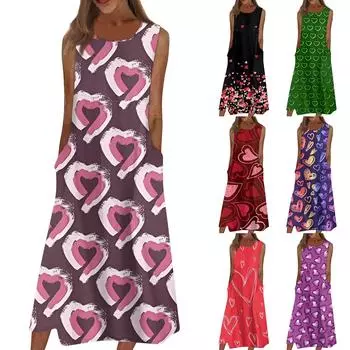 Жен. Повседневные платья с принтом Круглый вырез Классический Классический На открытом воздухе Повседневные Без рукавов Свободные платья L чёрный