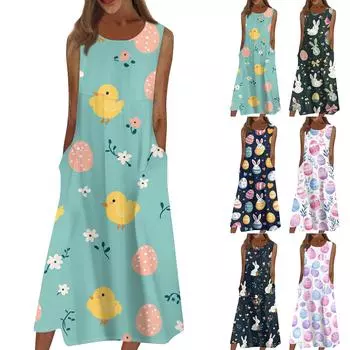 Жен. Повседневные платья с принтом Круглый вырез Классический Классический На открытом воздухе Повседневные Без рукавов Свободные платья M