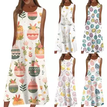 Жен. Повседневные платья с принтом Круглый вырез Классический Классический На открытом воздухе Повседневные Без рукавов Свободные платья L