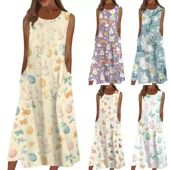 Жен. Повседневные платья с принтом Круглый вырез Классический Классический На открытом воздухе Повседневные Без рукавов Свободные платья L бежевый