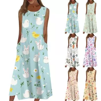 Жен. Повседневные платья с принтом Круглый вырез Классический Классический На открытом воздухе Повседневные Без рукавов Свободные платья XXXL