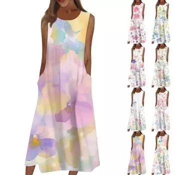 Жен. Повседневные платья с принтом Круглый вырез Классический Классический На открытом воздухе Повседневные Без рукавов Свободные платья L горячий розовый
