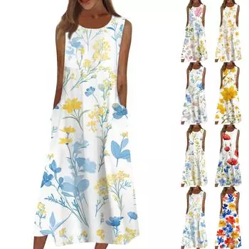 Жен. Повседневные платья с принтом Круглый вырез Классический Классический На открытом воздухе Повседневные Без рукавов Свободные платья L синий