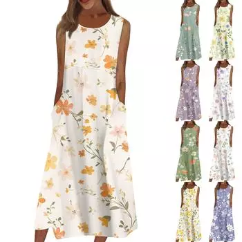 Жен. Повседневные платья с принтом Круглый вырез Классический Классический На открытом воздухе Повседневные Без рукавов Свободные платья S бежевый