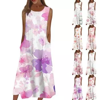 Жен. Повседневные платья с принтом Круглый вырез Классический Классический На открытом воздухе Повседневные Без рукавов Свободные платья S хаки