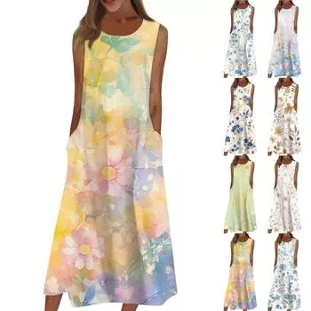Жен. Повседневные платья с принтом Круглый вырез Классический Классический На открытом воздухе Повседневные Без рукавов Свободные платья XXL