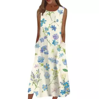 Жен. Повседневные платья с принтом Круглый вырез Классический Классический На открытом воздухе Повседневные Без рукавов Свободные платья S бежевый